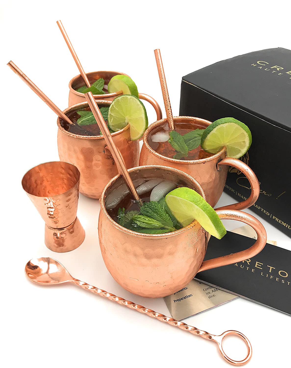 Cretoni Copperlin Pure Copper Hammered Moscow Mule Mugs Set of 4 with BONUS Hammered Jigger & Twisted Bar Spoon Handcrafted 16 oz MUGS WITH 4 Copper Straws The Ultimate Gift set! 